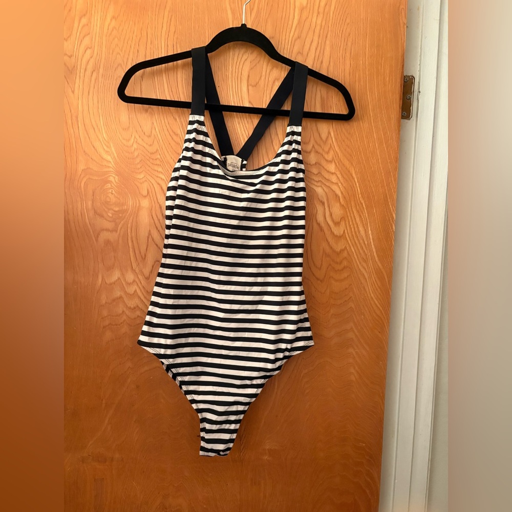 Kate Spade Saturday Black and White Striped One Piece Swimsuit L